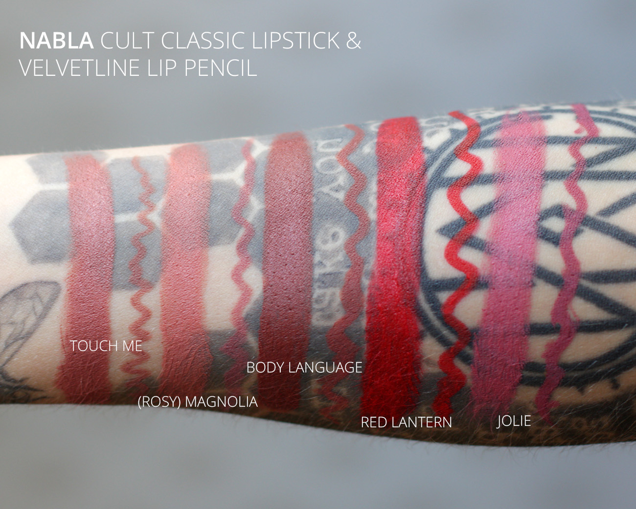 Nabla Velvetline Lip pencil Cult Classic Lipstick Tocuh Me, Red Lantern, Jolie, Magnolia, Body Language Swatches