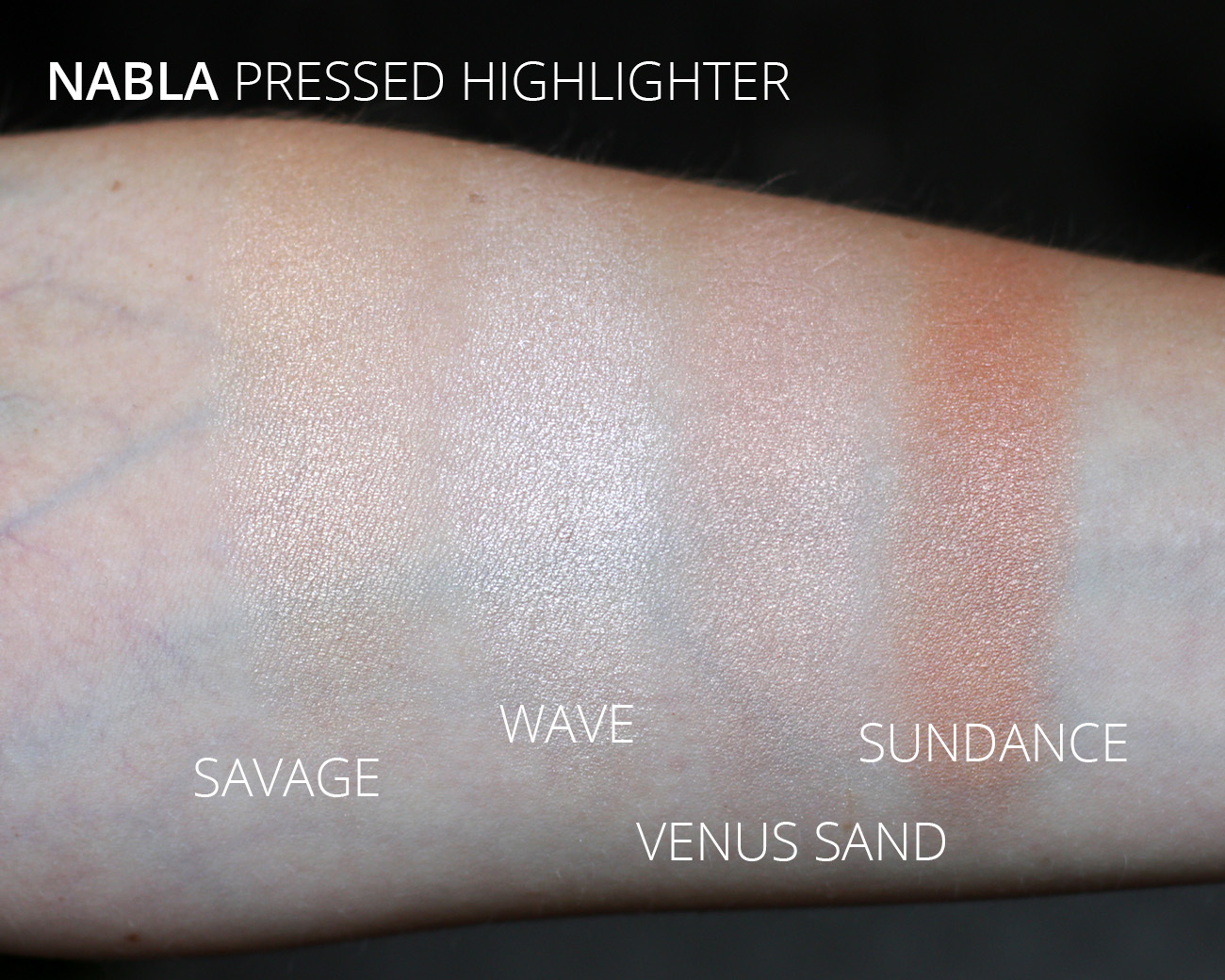 Nabla Pressed Highlighter Wave, Venus Sand, Savage, Sundance Swatches